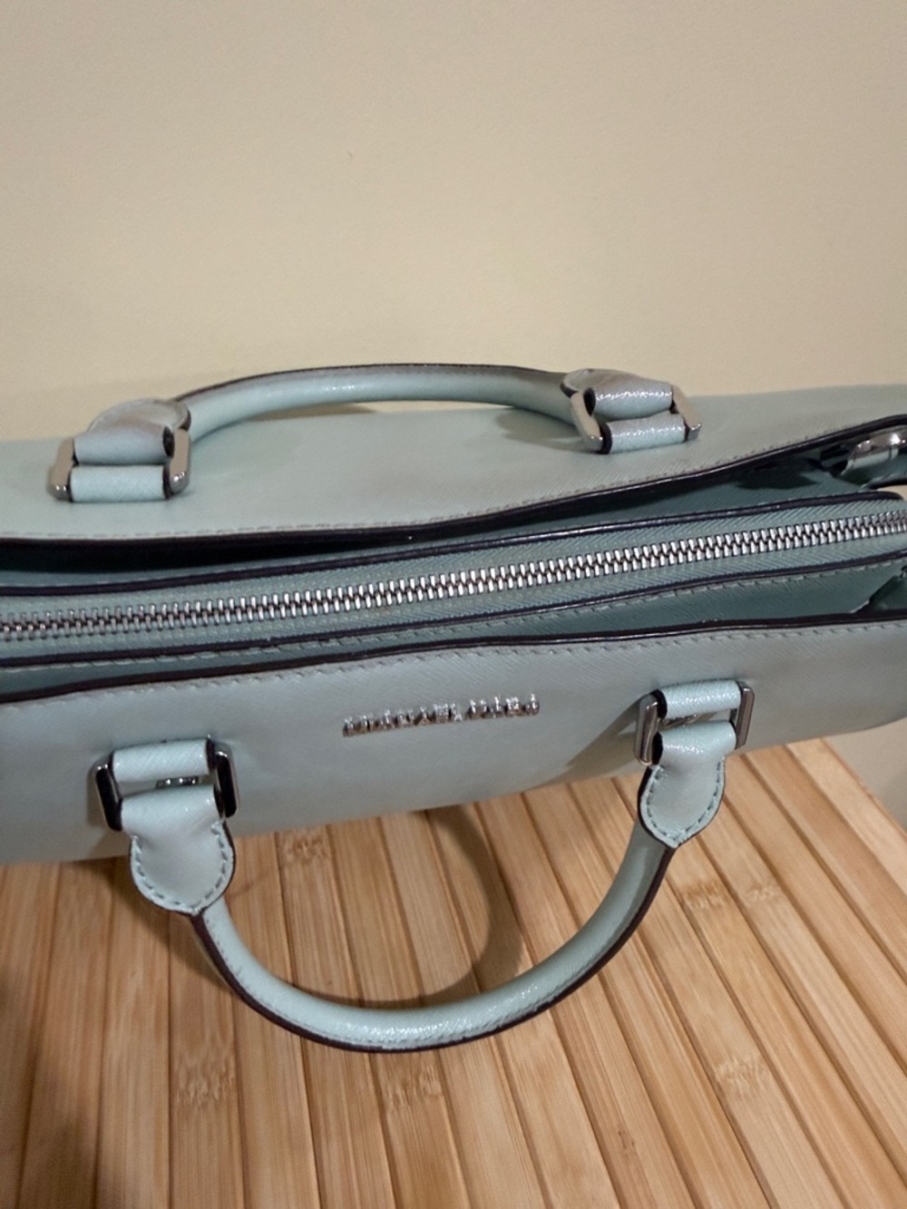 Michael Kors Pale Blue Saffiano Leather Satchel Michael Kors Handbag  MK Purses - Picture 9 of 16